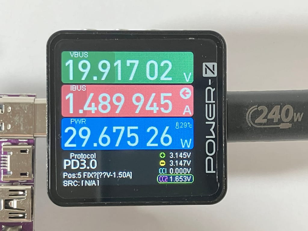 UGREEN Nexode Mini 30W GaN の最高安定点を負荷装置とUSBテスターで確認している様子