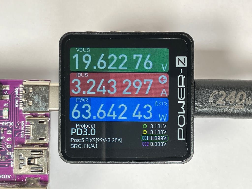 Belkin BoostCharge Pro PPS 65W Dual USB-C GaN の最高安定点を負荷装置とUSBテスターで確認している様子