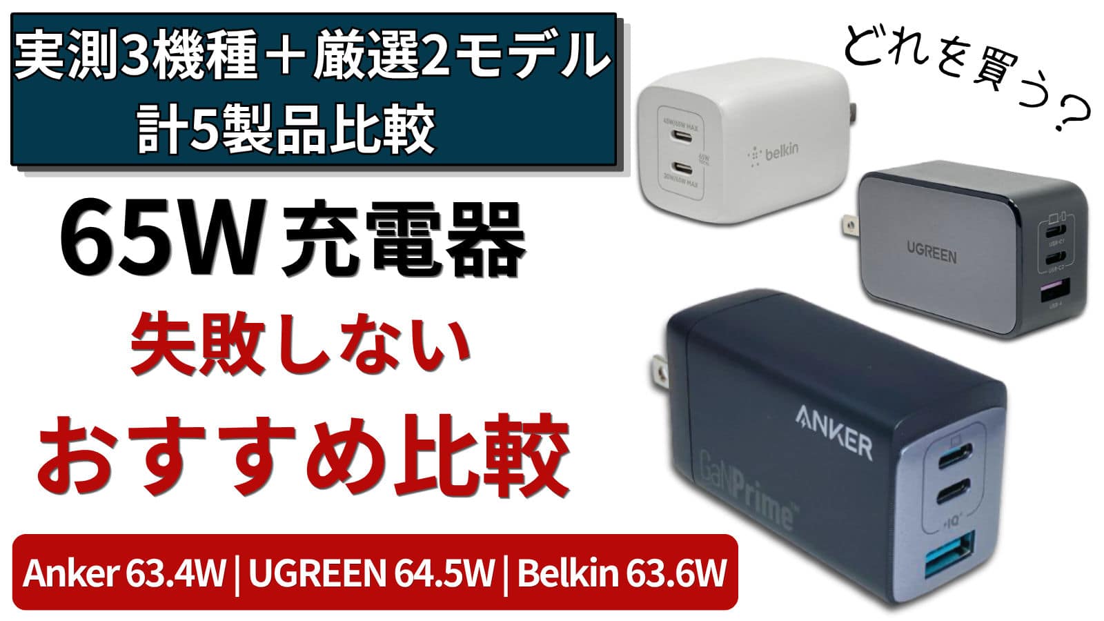 65W USB-C充電器おすすめ比較記事のアイキャッチ画像。Anker 735とUGREEN Nexode PD 65W GaNとBelkin BoostCharge Pro PPS搭載 65W デュアルUSB-C GaNを実機検証し、CIOとAnker Primeを参考候補として比較
