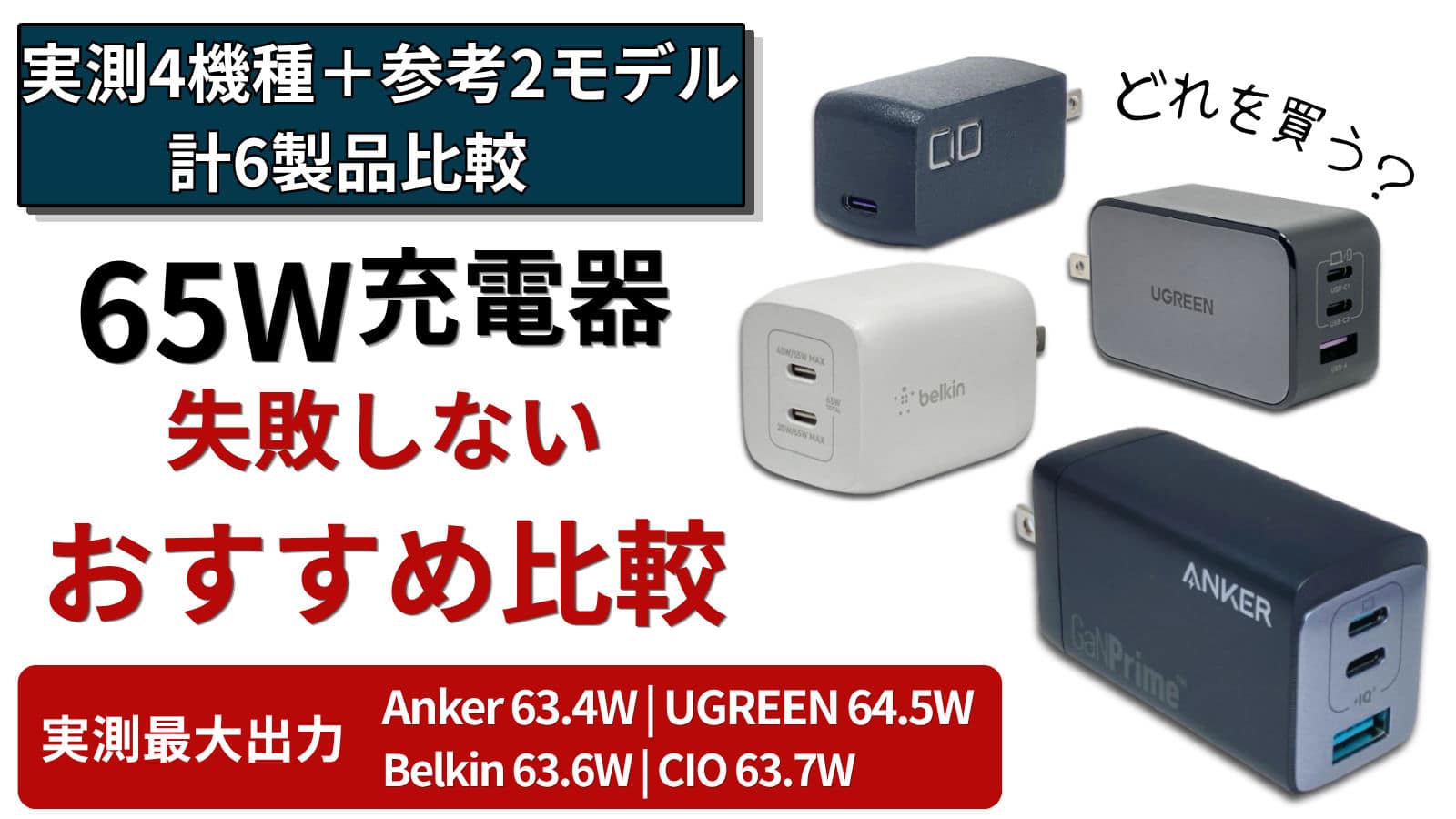 65W USB-C充電器おすすめ比較記事のアイキャッチ画像。Anker 735、UGREEN Nexode PD 65W GaN、Belkin BoostCharge Pro PPS搭載 65W デュアルUSB-C GaN、CIO NovaPort SOLOⅡ 65Wを実機検証し、CIO TRIO II 67WとAnker Prime 67Wを参考候補として比較